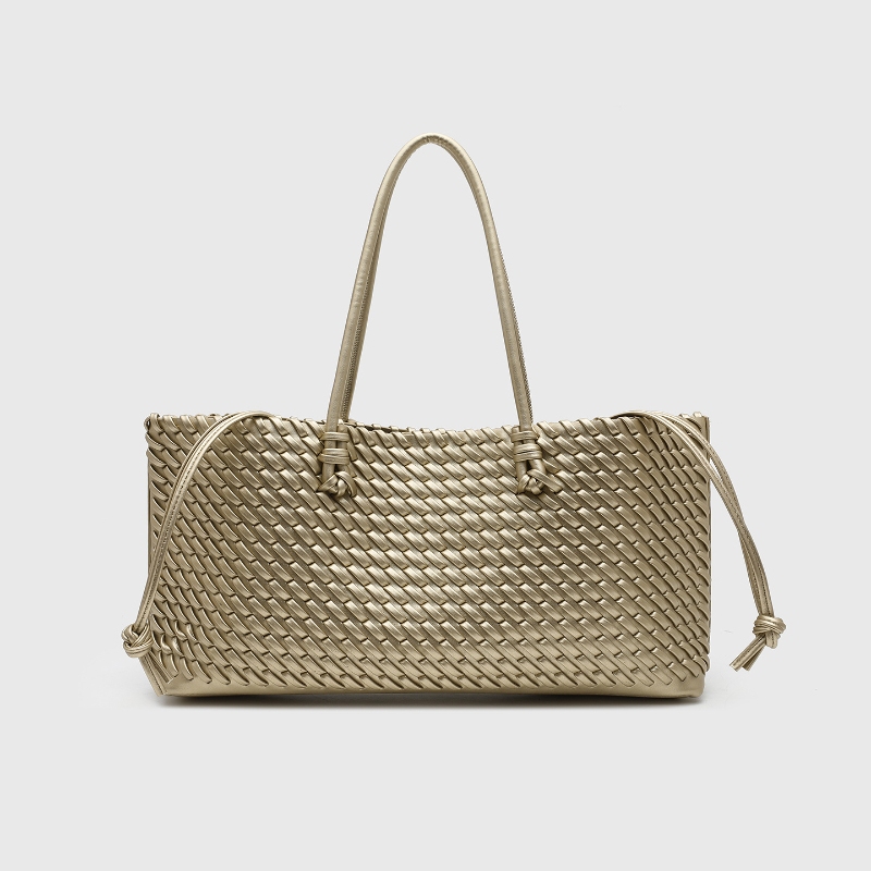Women Bags Work - กระเป๋าโท้ทหนัง PU ดีไซน์หรูหรา ทอแบบพิเศษ พร้อมหูหิ้วด้านบน สายสะพายยาว