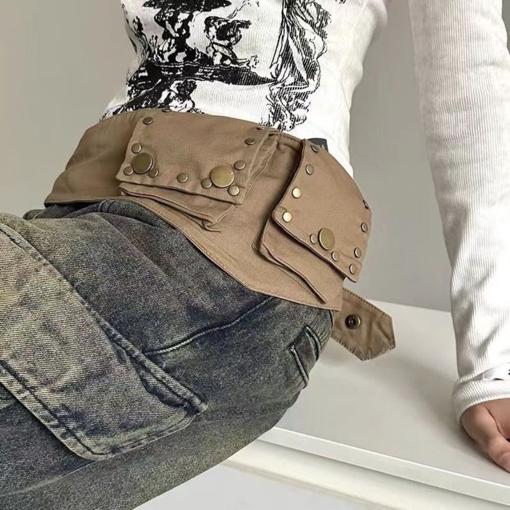 Women'S Bum Bags - กระเป๋าคาดเอวโลหะผสมสไตล์กรันจ์ สายคาดเอวผ้าฝ้ายวินเทจพร้อมกระเป๋า สายคาดเอวสีน้ำตาลพังก์ มีช่องใส่ของ สตรีทแวร์