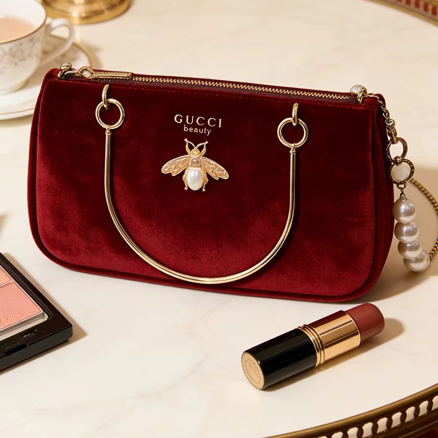 Women Bags Gucci - กระเป๋าผู้หญิงของกุชชี่ ขนาดกลาง สีแดงไวน์ ผ้ากำมะหยี่ สายสะพายโซ่ กระเป๋าเครื่องสำอาง